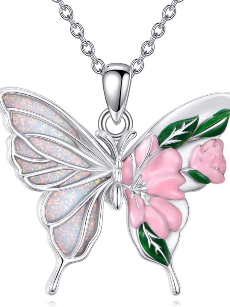 Sterling Silver Butterfly & Dragonfly Necklace, Opal Moss Agate Pendant Jewelry